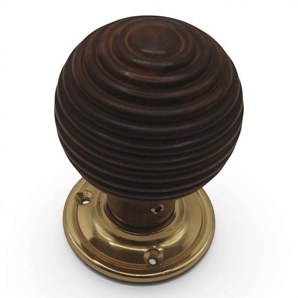 PDF1015P2/PB  Rosewood / Polished Brass  Period Timber Round Beehive Mortice / Rim Knob Set With Classic Roses